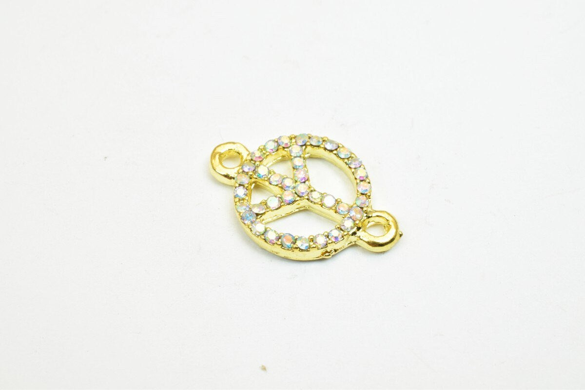 4 PCs Peace Sign Rhinestone Connector Charm Pave Beads Findings Size 19.5x12.5mm Thickness 2.5mm 2 Jump Rings 1mm For Jewe...