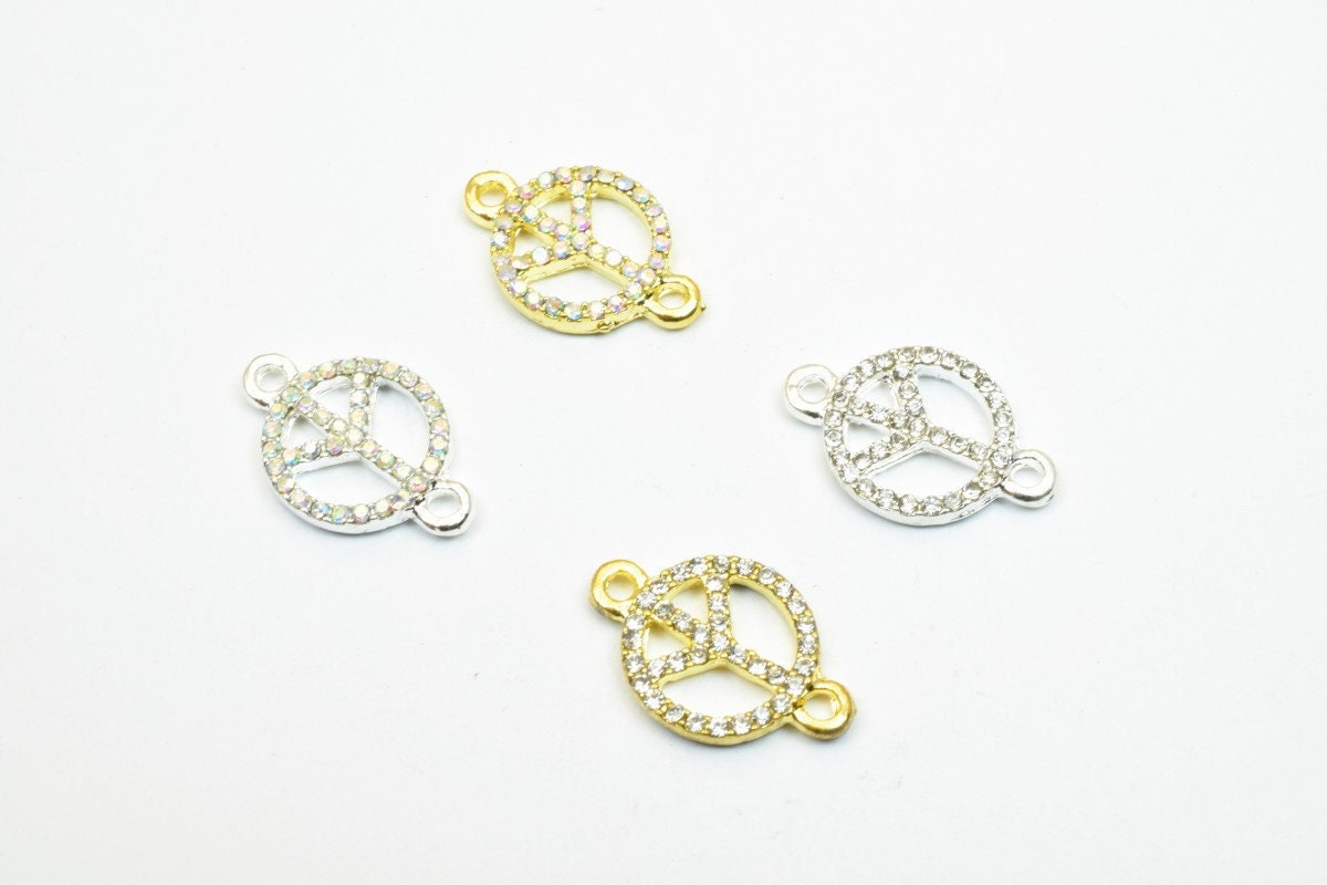 4 PCs Peace Sign Rhinestone Connector Charm Pave Beads Findings Size 19.5x12.5mm Thickness 2.5mm 2 Jump Rings 1mm For Jewe...