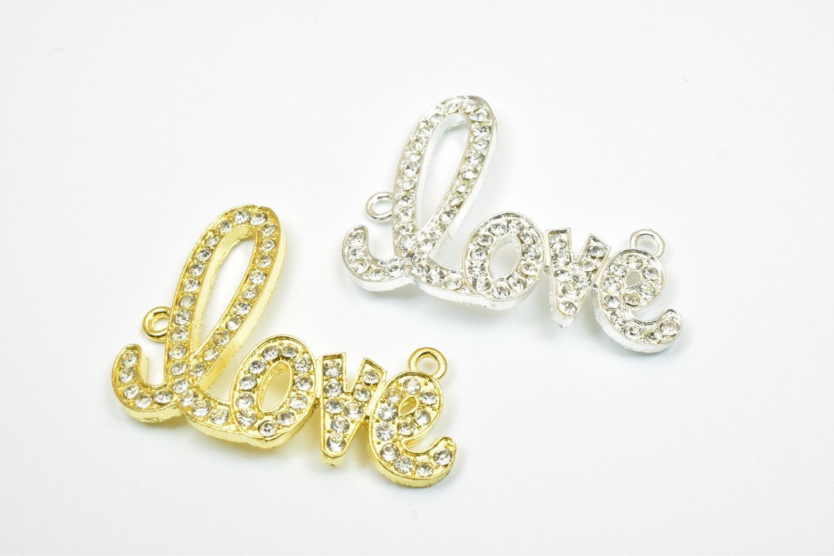 2 PCs Love Rhinestone Connector Pendant Charm Pave Beads Finding Size 33x42mm Thickness 3mm 2 Jump Rings 2mm For Jewelry M...
