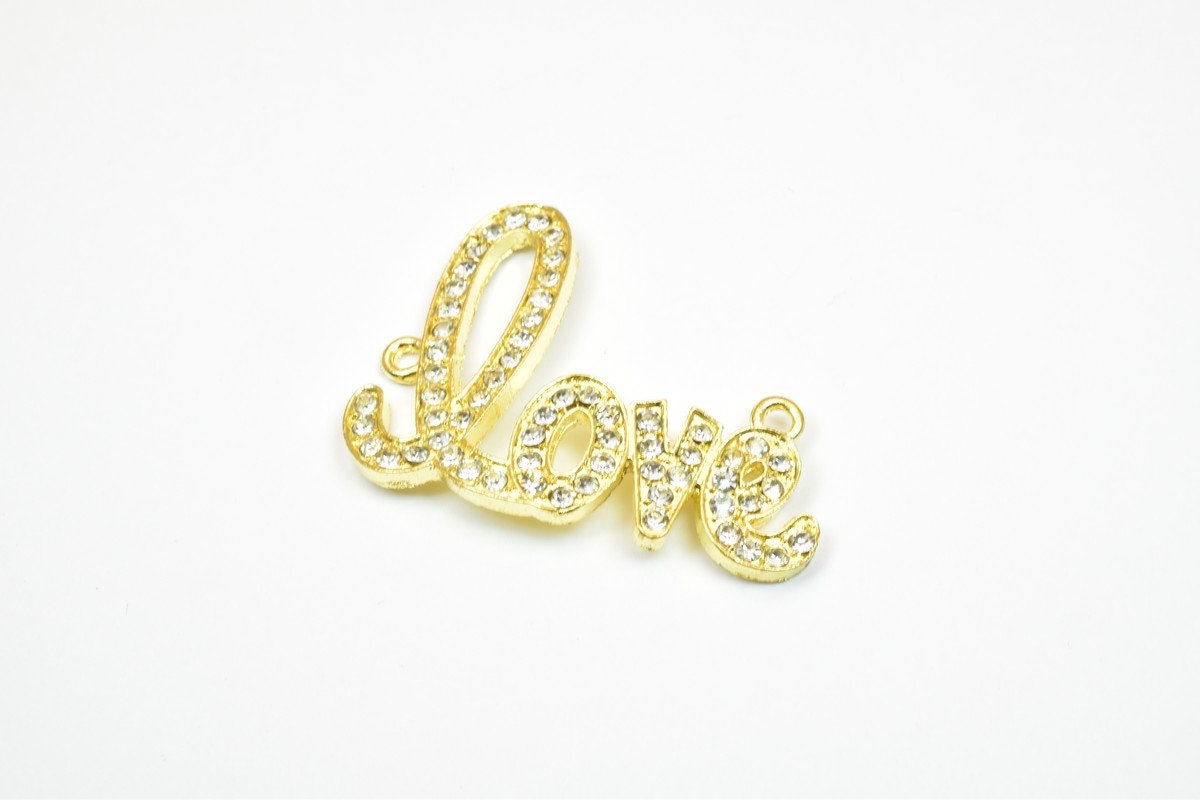 2 PCs Love Rhinestone Connector Pendant Charm Pave Beads Finding Size 33x42mm Thickness 3mm 2 Jump Rings 2mm For Jewelry M...