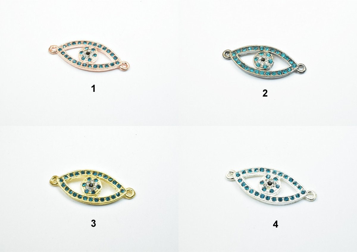 2 PCs Evil Eye Pave Crystal Rhinestone Spacer Connector Beads Size 38x15mm 2 Jump Rings Size 1mm Thickness 3mm Charm Penda...