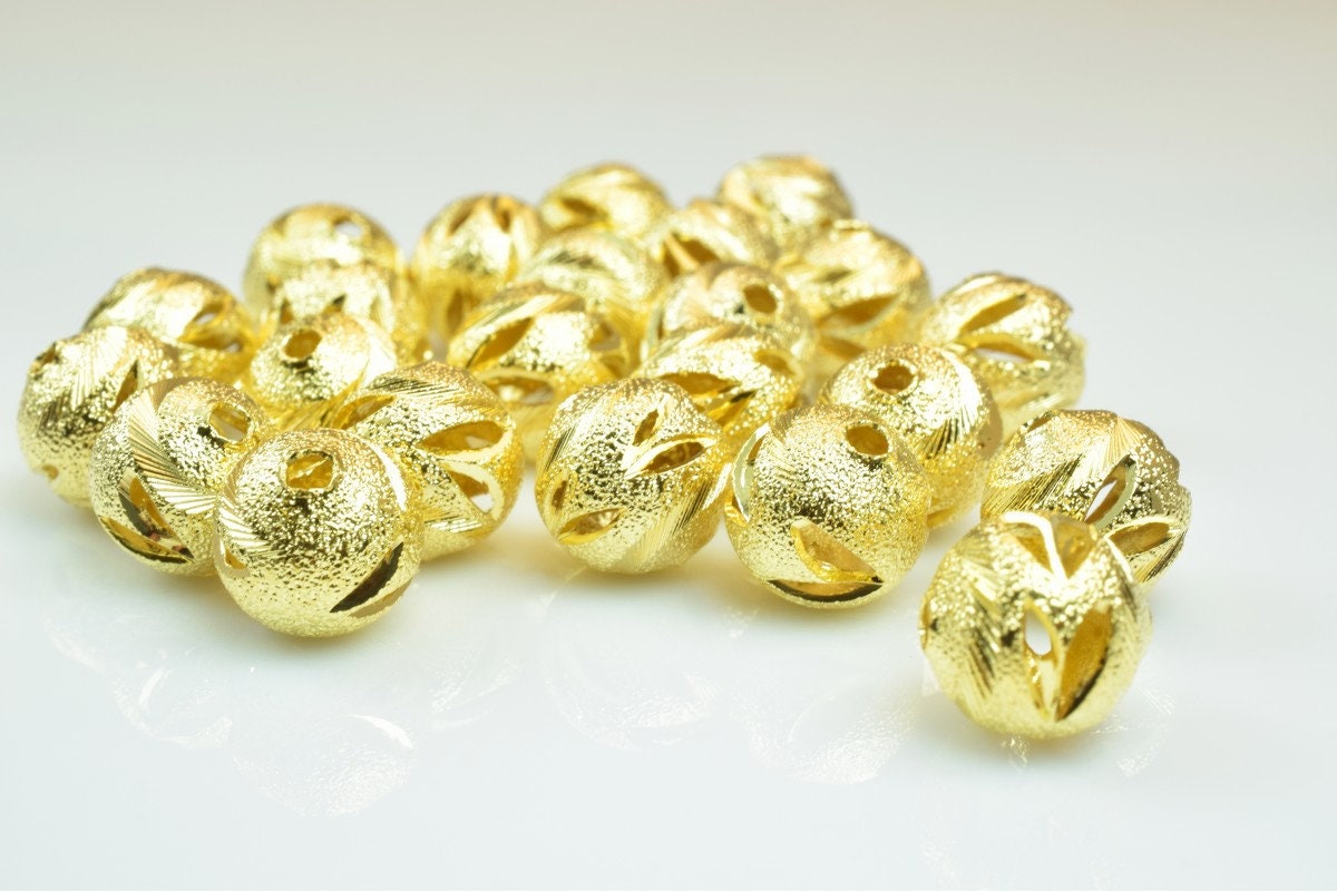 100 PCs Gold Plated Carved Round Beads 8mm 10mm Diamond Cut jewelry making supplies - detail image 3
