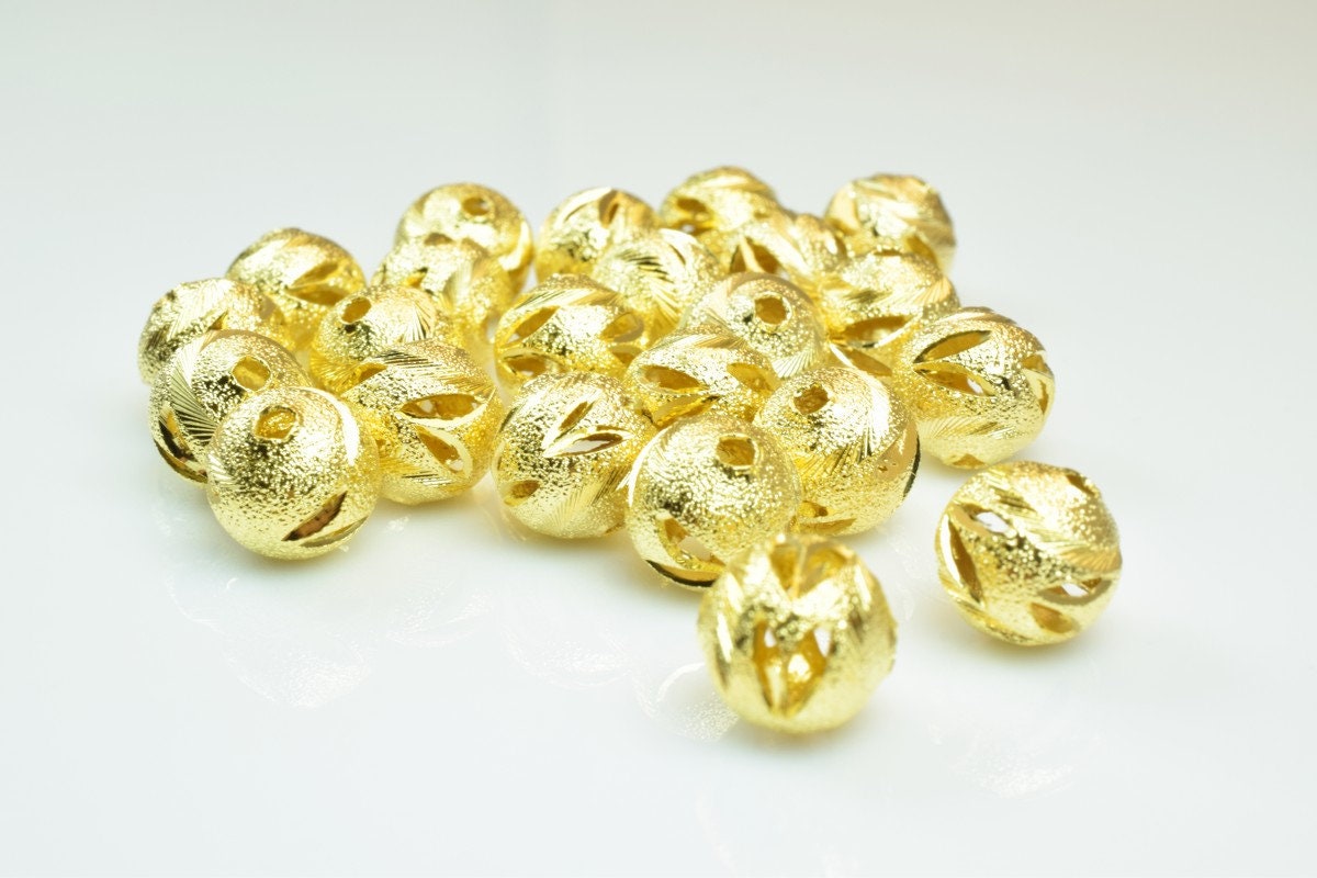 100 PCs Gold Plated Carved Round Beads 8mm 10mm Diamond Cut jewelry making supplies - detail image 2