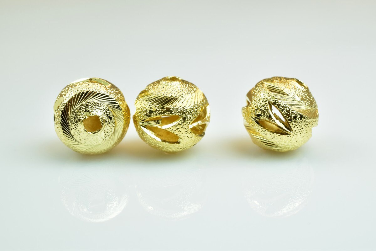 100 PCs Gold Plated Carved Round Beads 8mm 10mm Diamond Cut jewelry making supplies - detail image 5