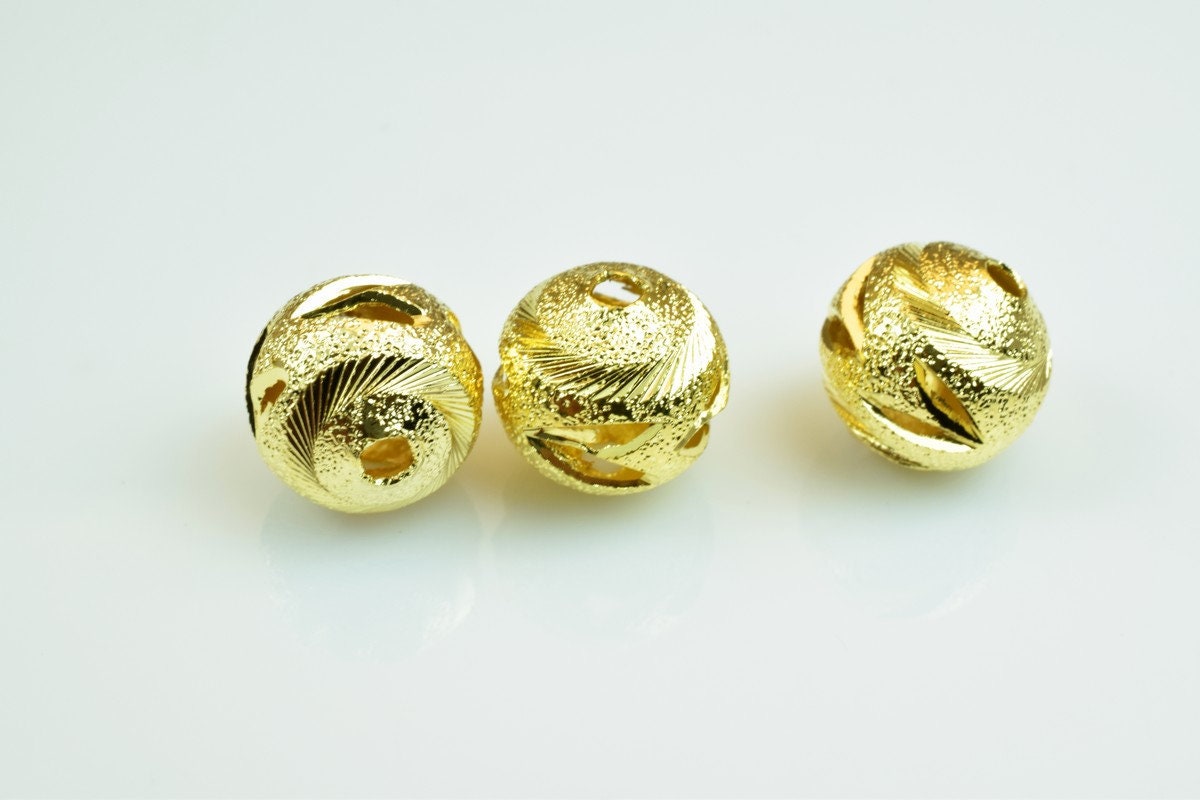 100 PCs Gold Plated Carved Round Beads 8mm 10mm Diamond Cut jewelry making supplies - detail image 6