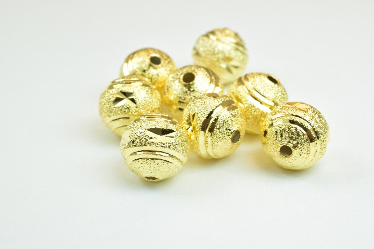 100 PCs Gold Plated Carved Round Beads 10mm Diamond Cut jewelry making supplies - detail image 3