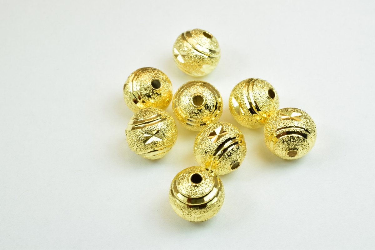 100 PCs Gold Plated Carved Round Beads 10mm Diamond Cut jewelry making supplies - detail image 6