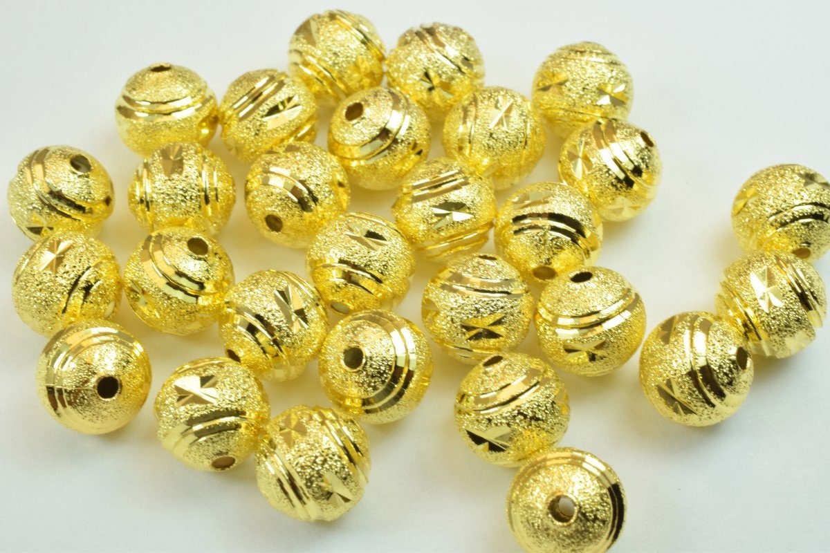 100 PCs Gold Plated Carved Round Beads 10mm Diamond Cut jewelry making supplies