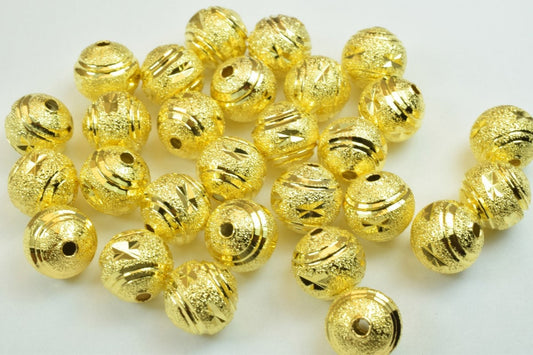 100 PCs Gold Plated Carved Round Beads 10mm Diamond Cut jewelry making supplies