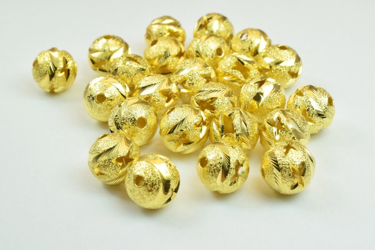 100 PCs Gold Plated Carved Round Beads 8mm/10mm Diamond Cut jewelry making supplies - detail image 2