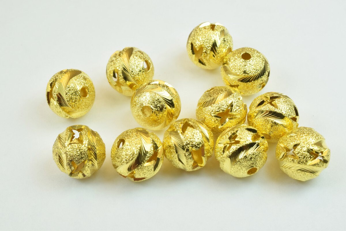 100 PCs Gold Plated Carved Round Beads 8mm/10mm Diamond Cut jewelry making supplies - detail image 4
