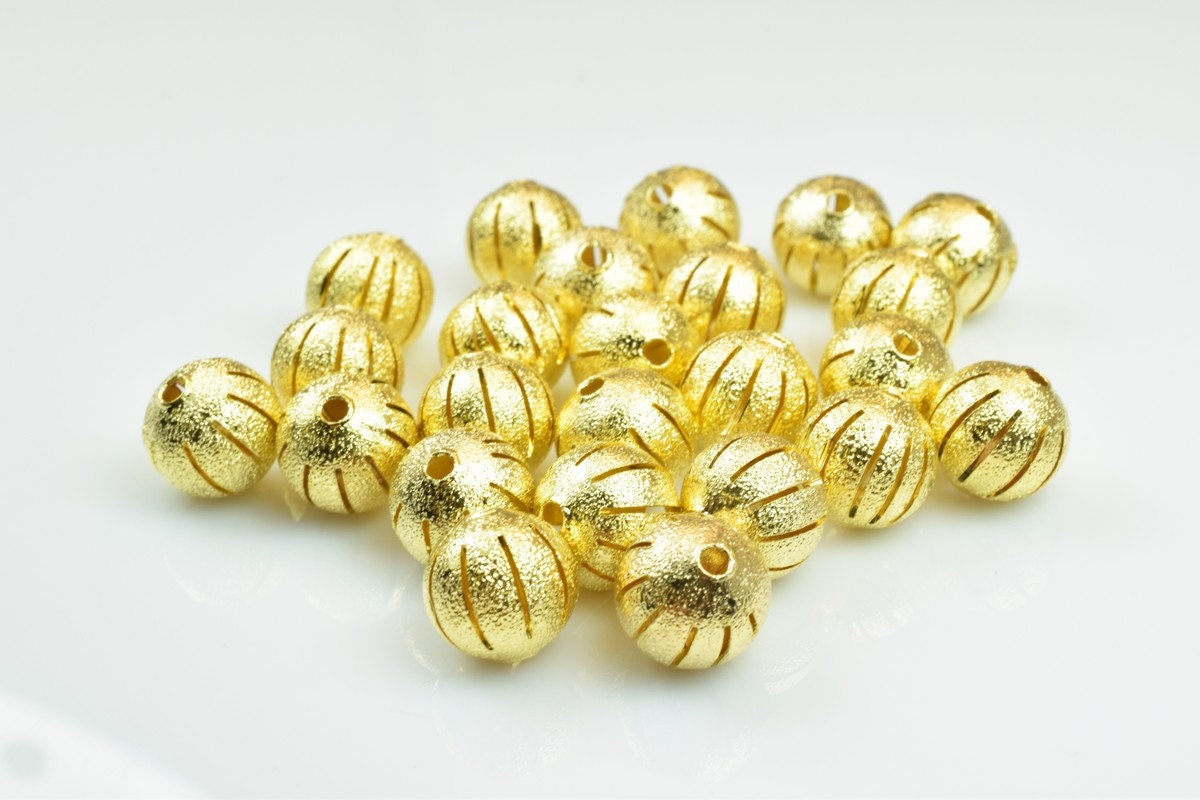 100 PCs Gold Plated Carved Round Beads 8mm/10mm Diamond Cut jewelry making supplies - detail image 2