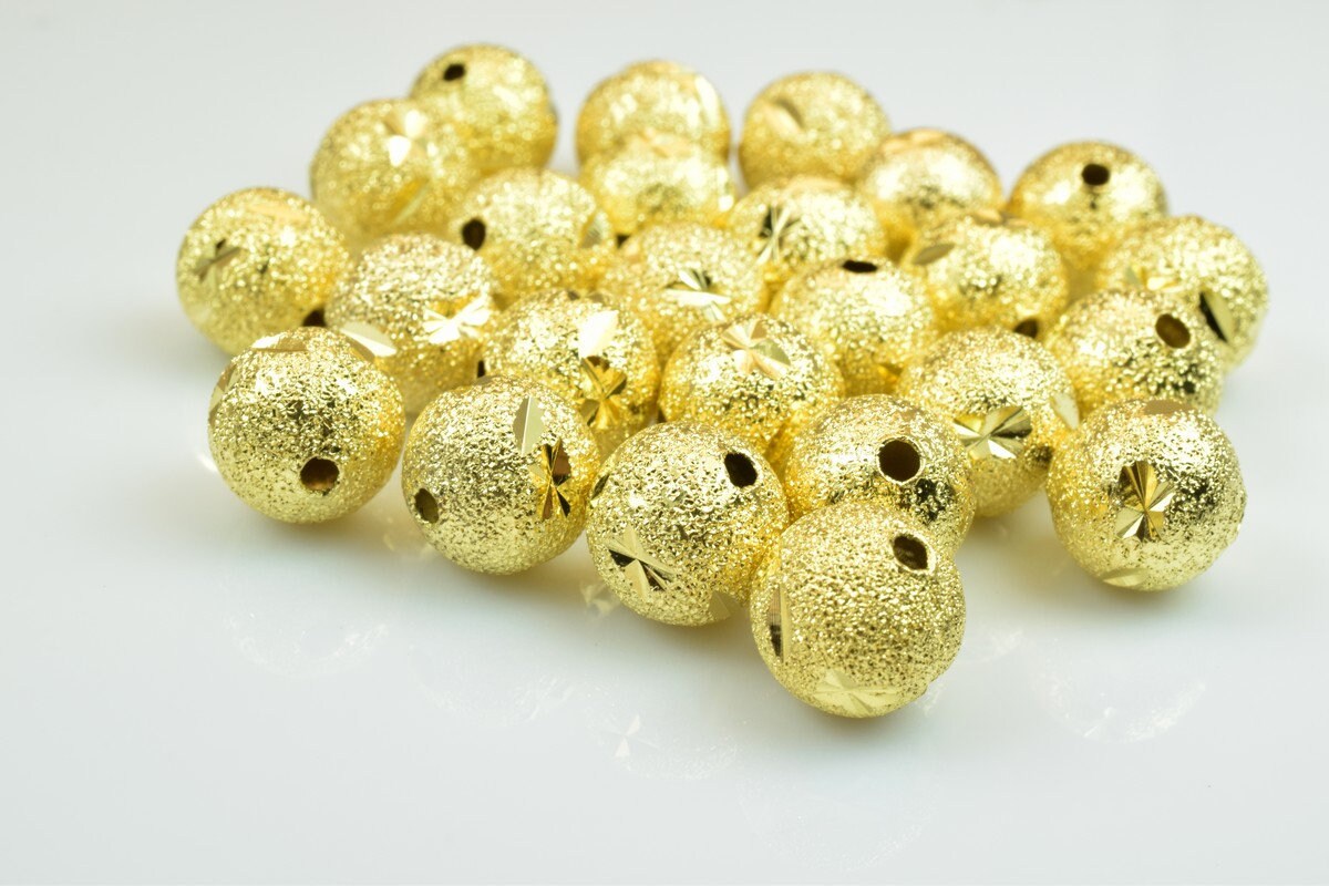 100 PCs Gold Plated Carved Round Beads 8mm/10mm Diamond Cut jewelry making supplies - detail image 3