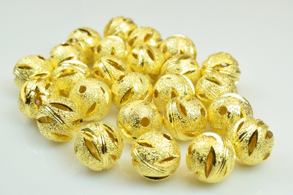 100 PCs Gold Plated Carved Round Beads 10mm Diamond Cut jewelry making supplies - detail image 5