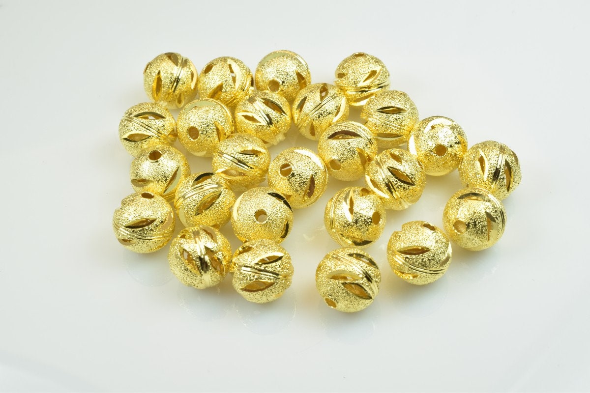 100 PCs Gold Plated Carved Round Beads 10mm Diamond Cut jewelry making supplies - detail image 2