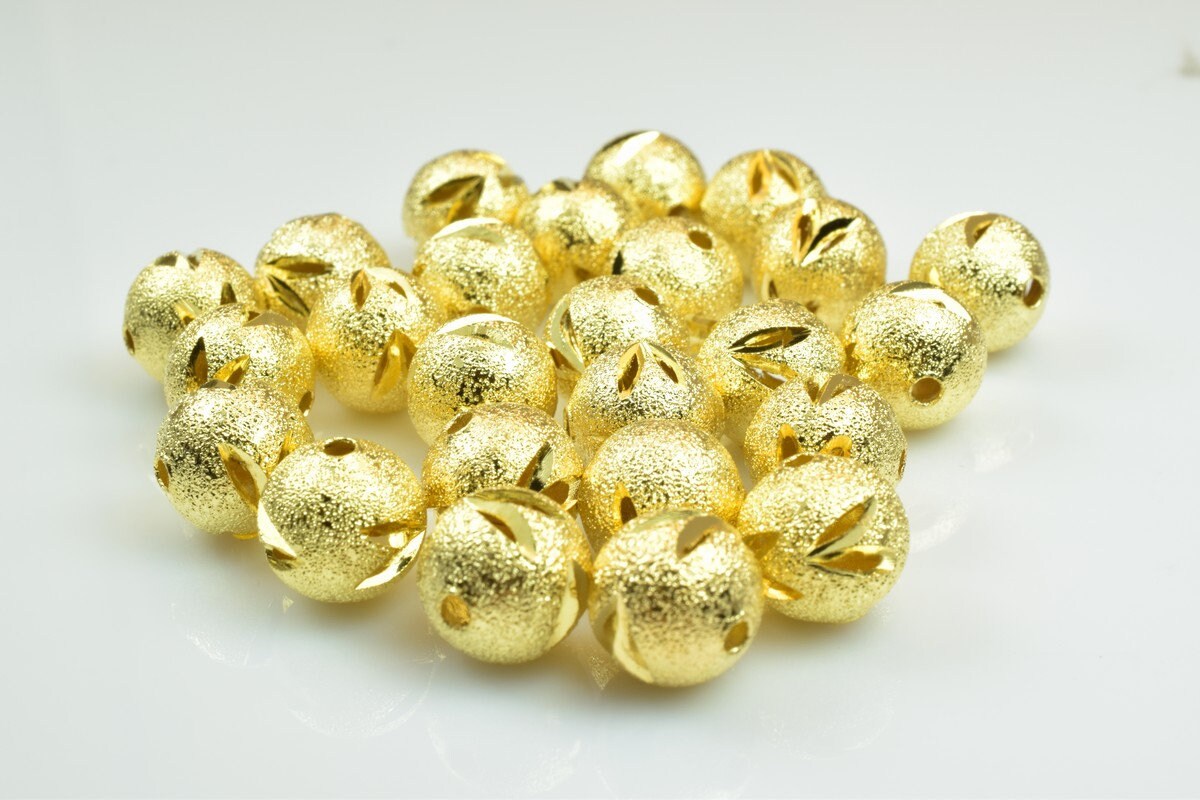 100 PCs Gold Plated Carved Round Beads 8mm/10mm Diamond Cut jewelry making supplies - detail image 3