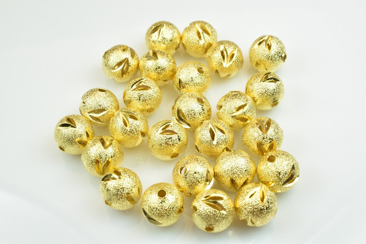 100 PCs Gold Plated Carved Round Beads 8mm/10mm Diamond Cut jewelry making supplies - detail image 5