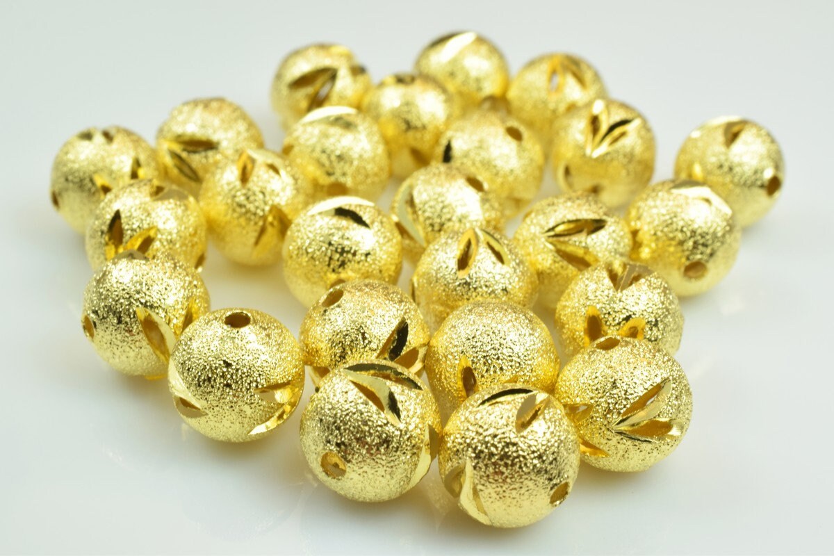 100 PCs Gold Plated Carved Round Beads 8mm/10mm Diamond Cut jewelry making supplies - detail image 6
