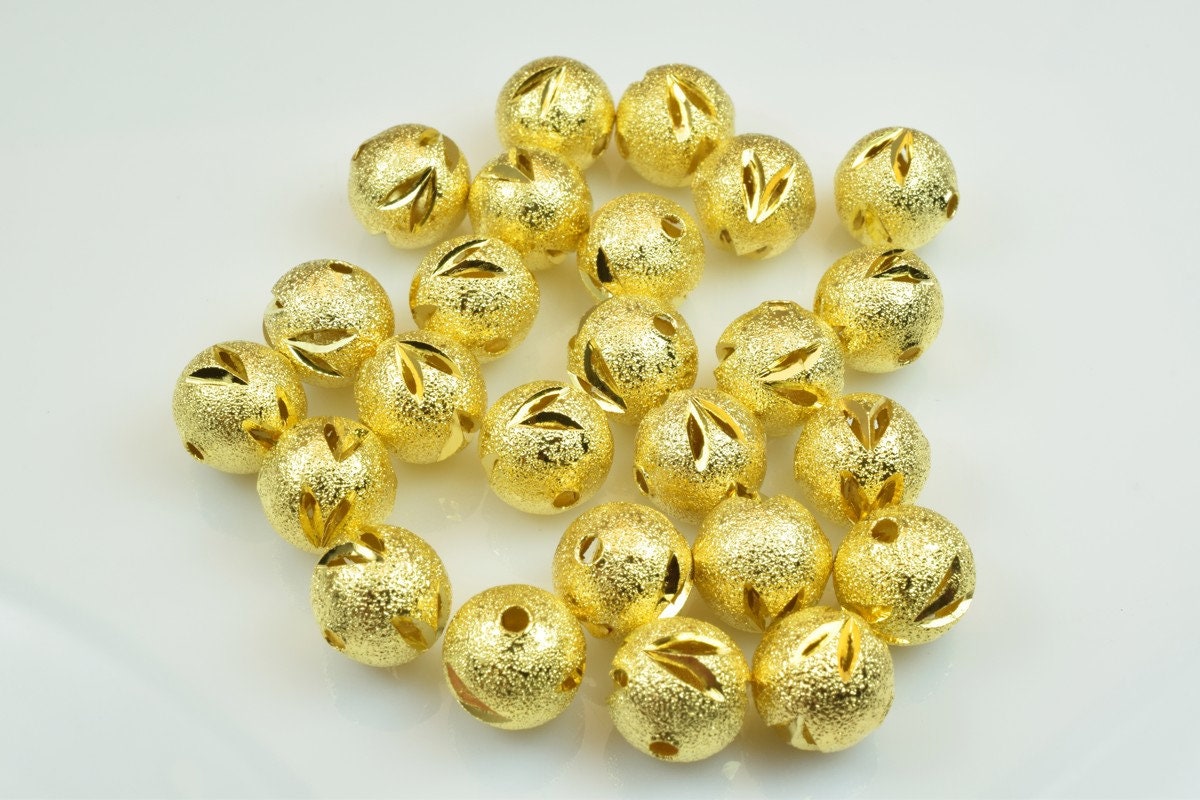 100 PCs Gold Plated Carved Round Beads 8mm/10mm Diamond Cut jewelry making supplies - detail image 7