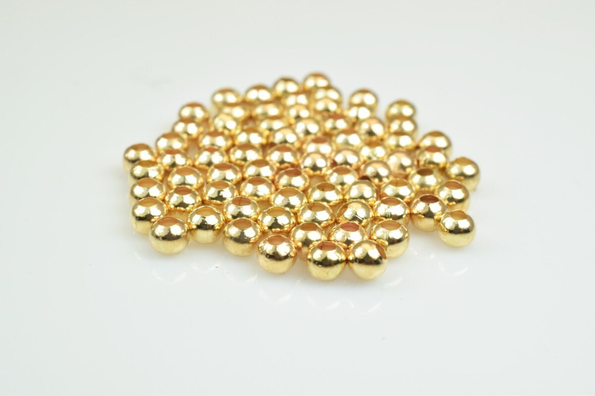 Plain Pinky 18K Gold Plated Carved Round Beads 2mm/3mm Plain Ball Beads With Big Hole For Jewelry Making jewelry making su...