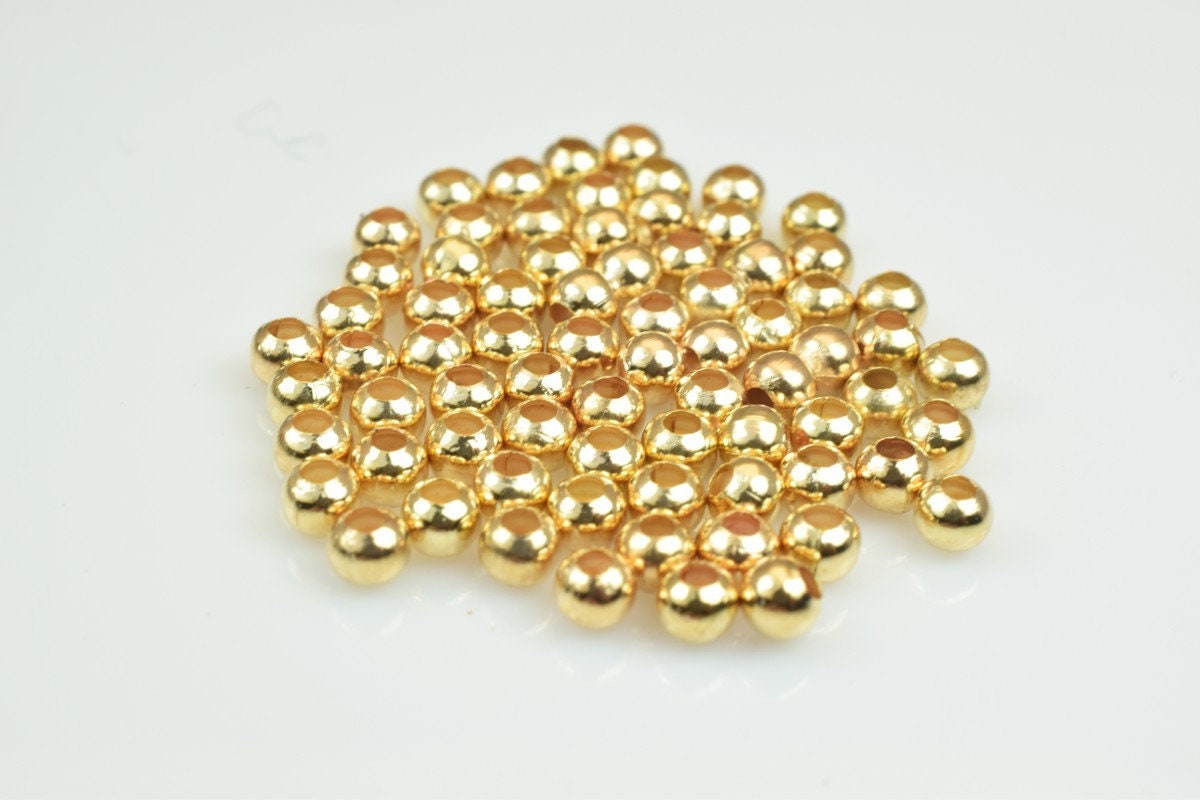 Plain Pinky 18K Gold Plated Carved Round Beads 2mm/3mm Plain Ball Beads With Big Hole For Jewelry Making jewelry making su...