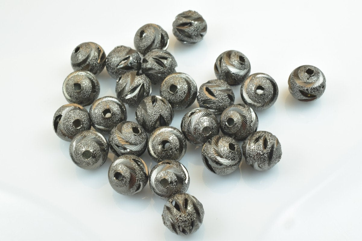 100 PCs Gun Metal Plated Black Carved Round Beads 6mm/8mm/10mm Diamond Cut For Jewelry Making jewelry making supplies - de...
