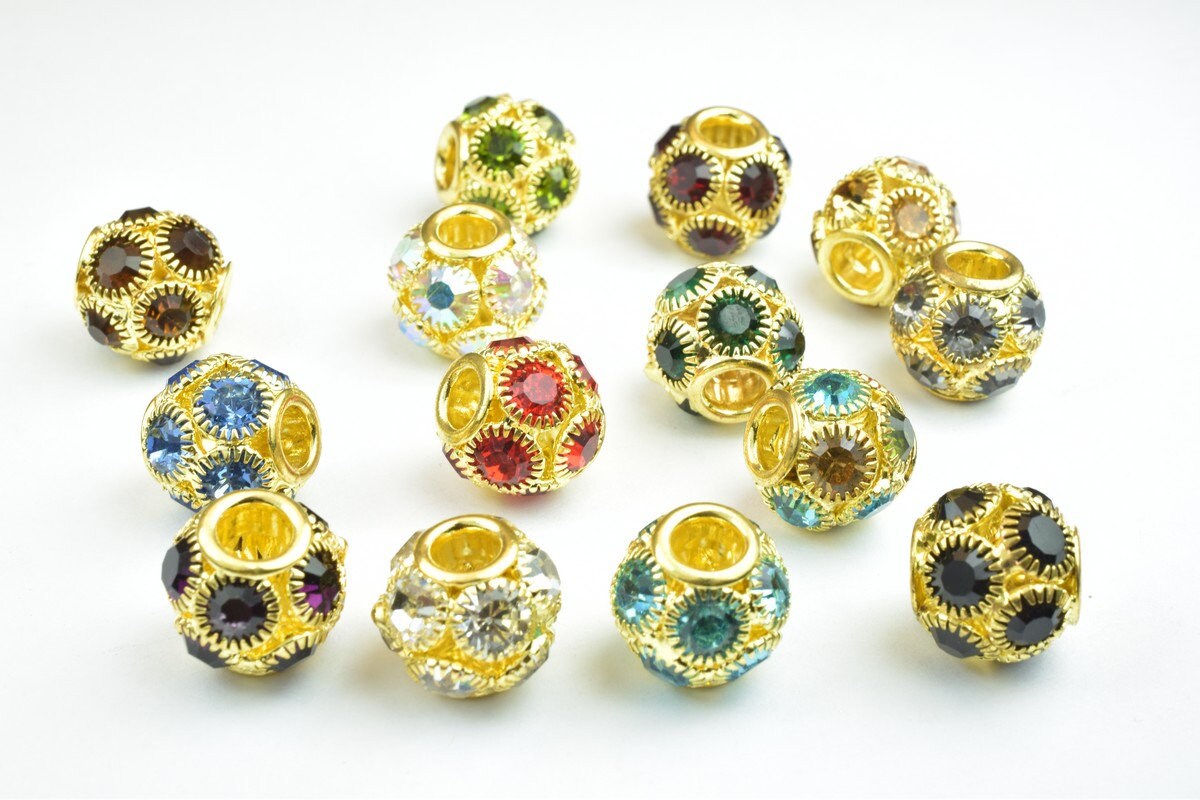 4 PCs Rhinestone Round Ball Beads with Big Hole Gold Size 13mm Hole Size 5mm For European Style Bracelet Or Necklace For J...