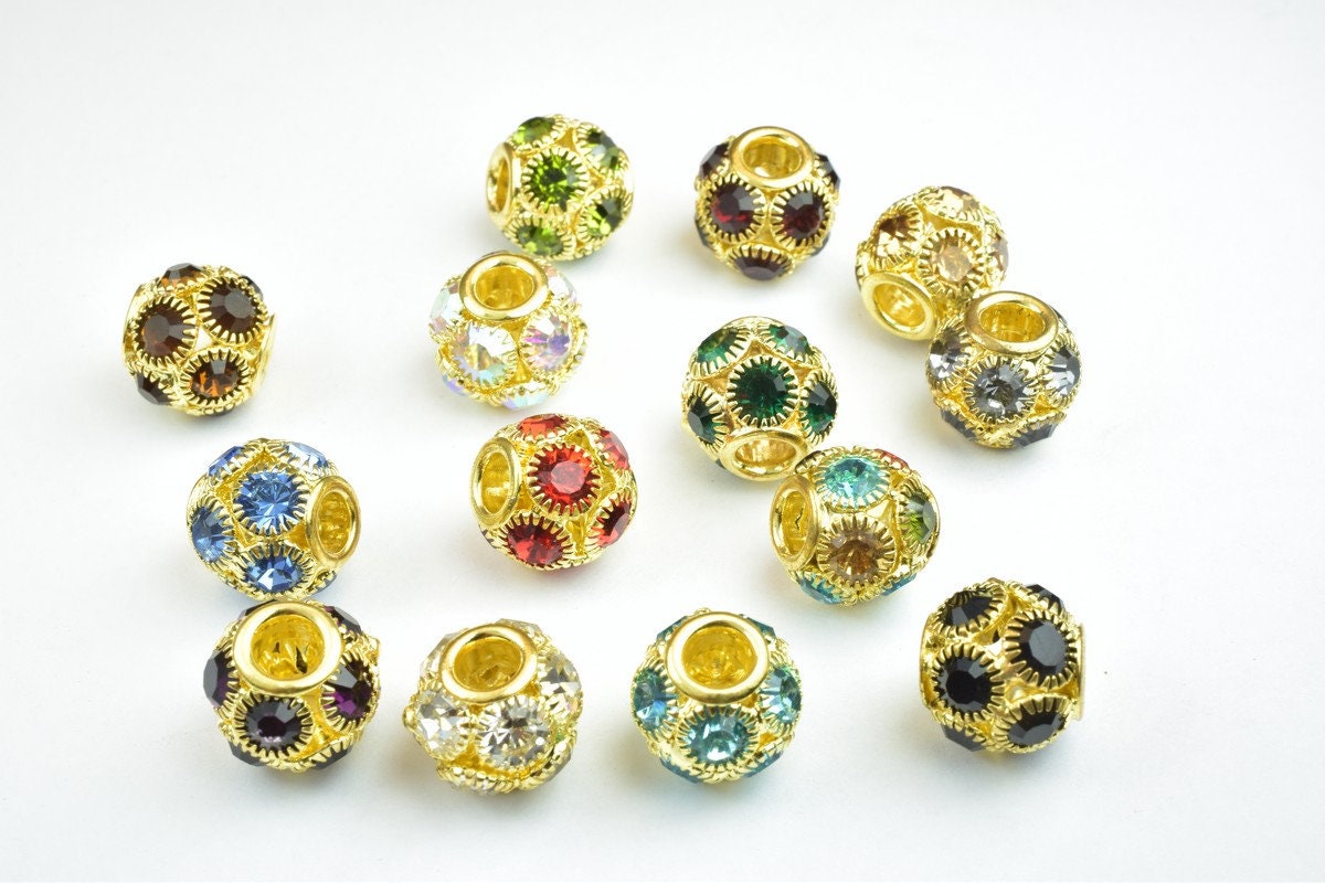 4 PCs Rhinestone Round Ball Beads with Big Hole Gold Size 13mm Hole Size 5mm For European Style Bracelet Or Necklace For J...