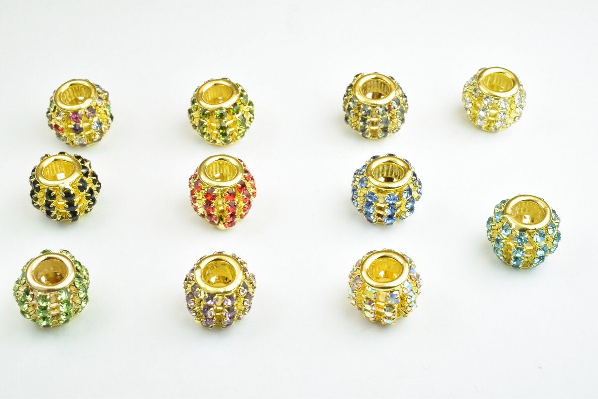 4 PCs Rhinestone Round Ball Beads with Big Hole Gold Size 12x11mm Hole Size 5mm For European Style Bracelet Or Necklace Fo...