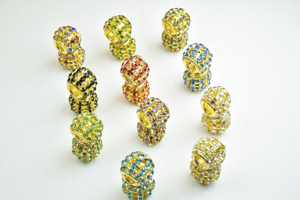 4 PCs Rhinestone Round Ball Beads with Big Hole Gold Size 12x11mm Hole Size 5mm For European Style Bracelet Or Necklace Fo...