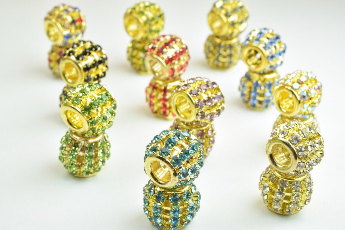 4 PCs Rhinestone Round Ball Beads with Big Hole Gold Size 12x11mm Hole Size 5mm For European Style Bracelet Or Necklace Fo...