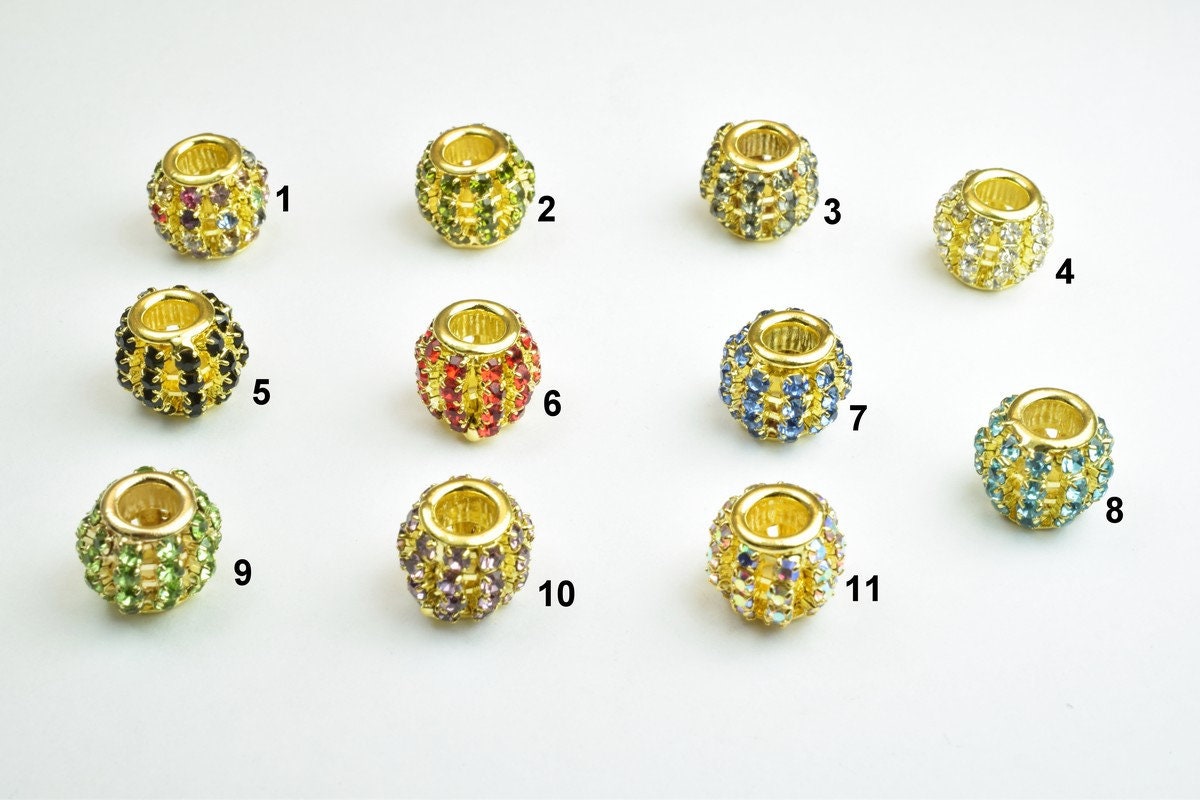 4 PCs Rhinestone Round Ball Beads with Big Hole Gold Size 12x11mm Hole Size 5mm For European Style Bracelet Or Necklace Fo...