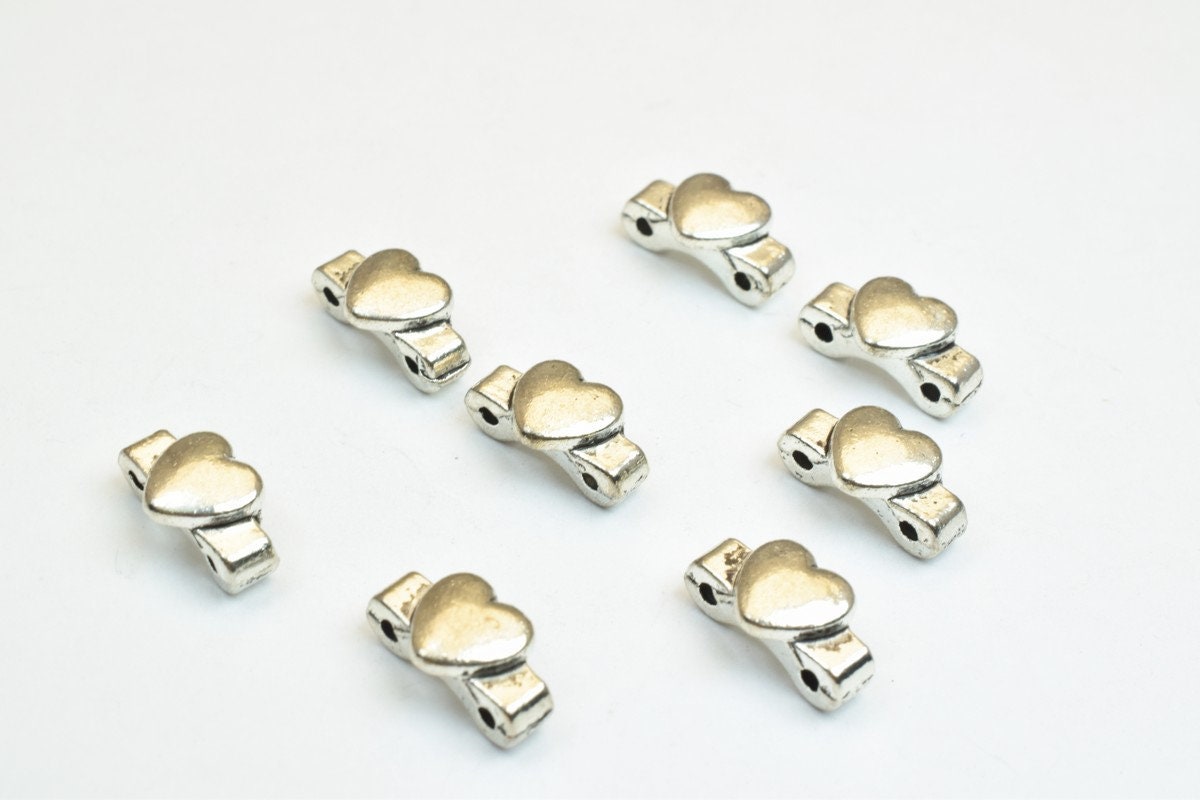 16 PCs Heart Silver Alloy Connector Beads Size 11x6x5mm Hole Size 0.8mm Decorative Design Metal Beads For Jewelry Making j...