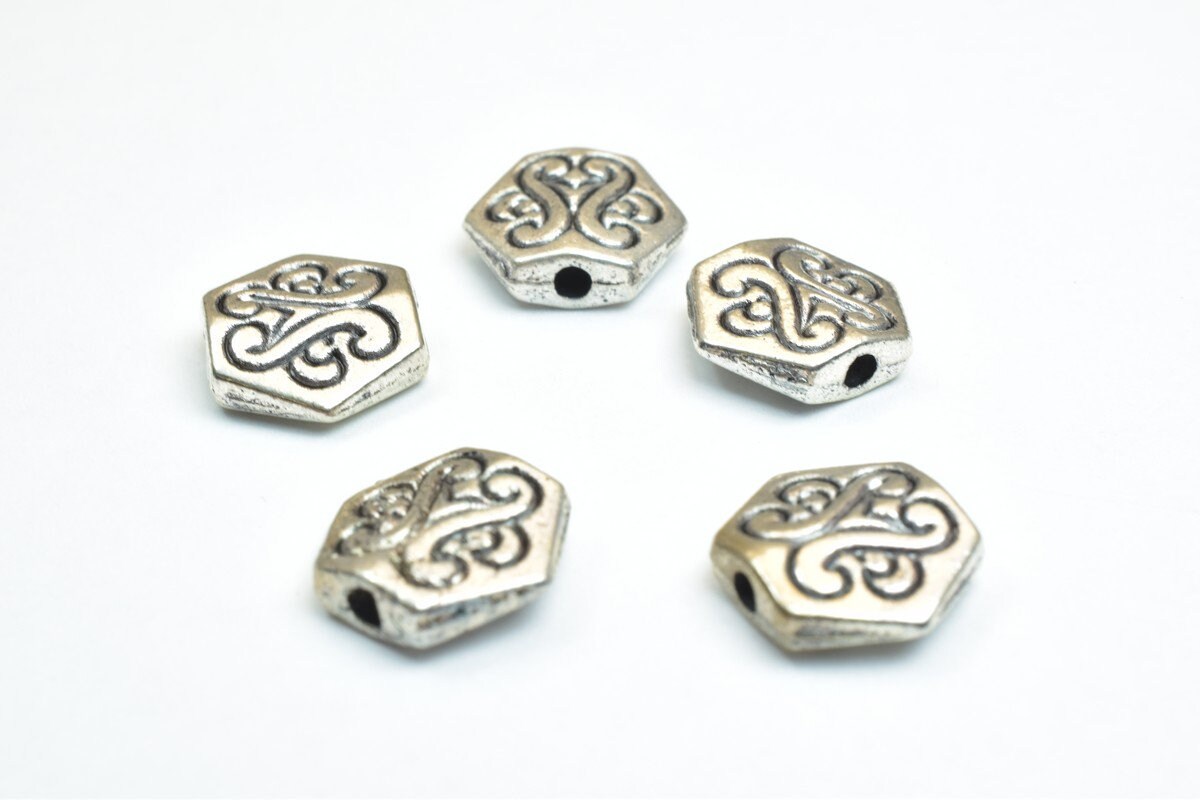 10 PCs Hexagonal Connector Charm Silver Alloy Metal Beads Size 10mm Thickness 3.5mm Hole Size 1mm Decorative Design For Je...