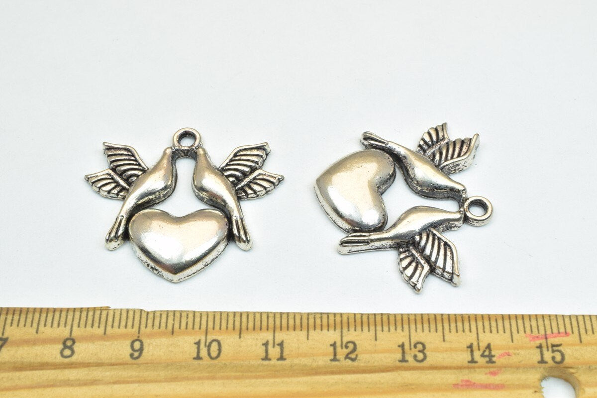 4 PCs Dove Birds Heart Bronze/Silver Alloy Charm Beads Size 29.5x33mm Decorative Design Beads 2mm JumpRing Size for Jewelr...