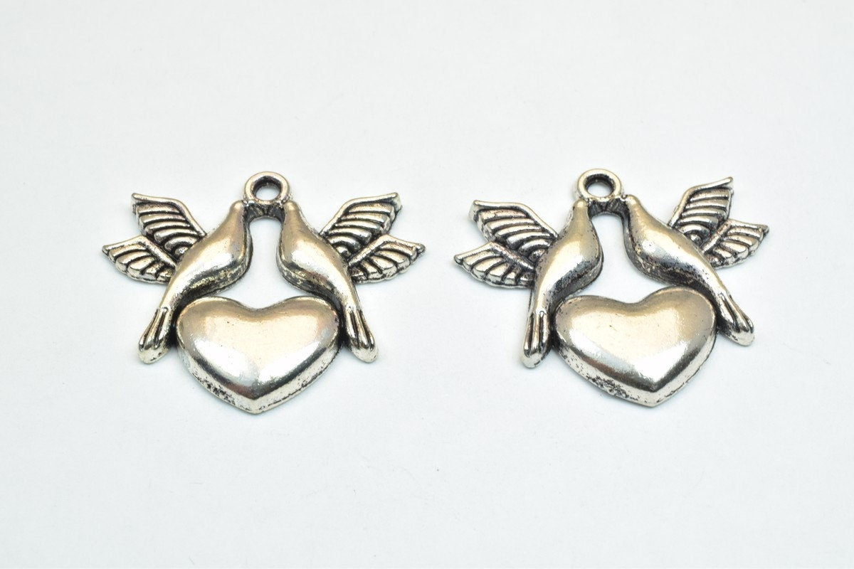 4 PCs Dove Birds Heart Bronze/Silver Alloy Charm Beads Size 29.5x33mm Decorative Design Beads 2mm JumpRing Size for Jewelr...