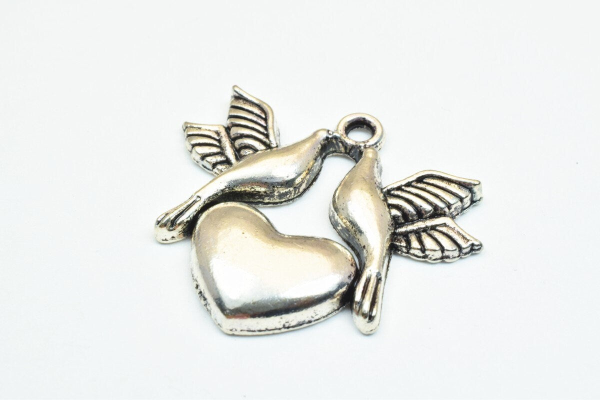 4 PCs Dove Birds Heart Bronze/Silver Alloy Charm Beads Size 29.5x33mm Decorative Design Beads 2mm JumpRing Size for Jewelr...