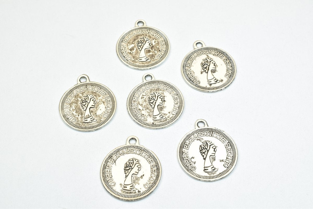 12 PCs Queen Elizabeth 2nd Charm Bronze/Silver Alloy Charm Beads Size 19.5mm JumpRing Size 2mm Decorative Design Beads For...