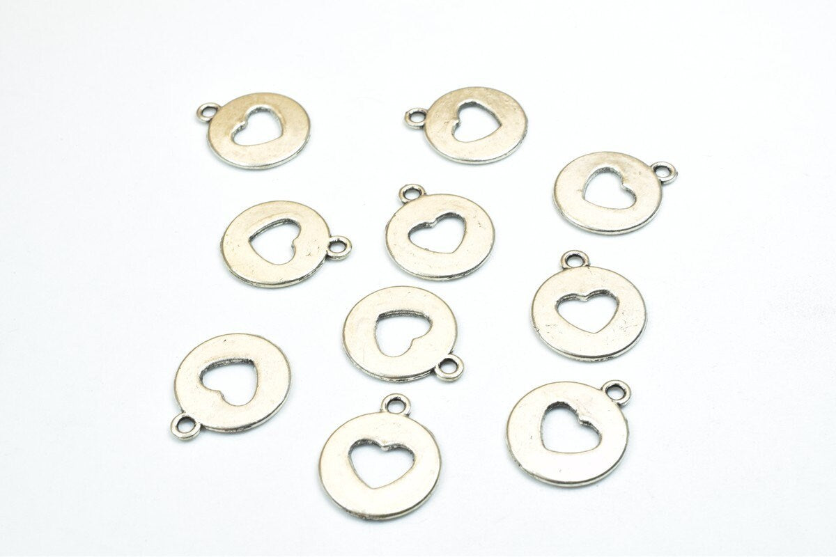 10 PCs Heart Antique Silver Charm Beads Alloy Metal Bracelets Pendant Size 17x15mm Jump Ring Size 1.5mm For Jewelry Making...