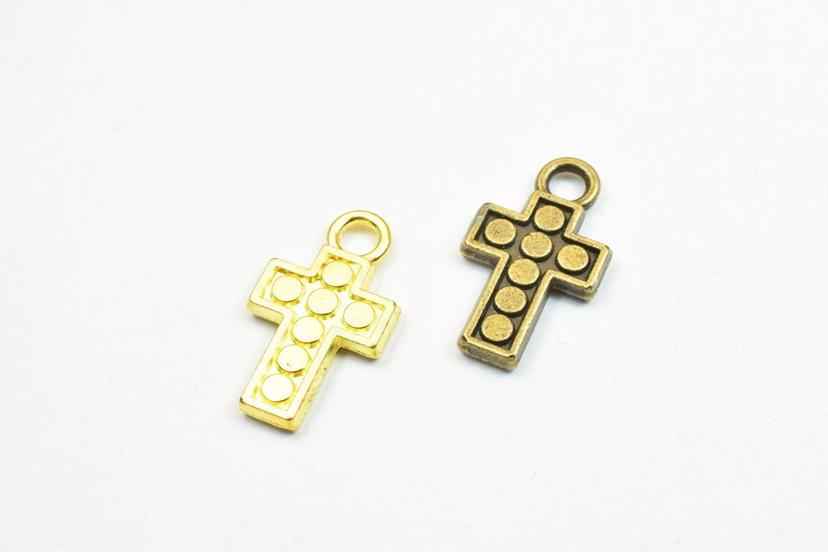 14 PCs Cross Charm Pendants Antique Green/Gold Beads Base Metal Alloy Pendant Size 18x10mm Jump Ring Size 2mm For Jewelry...