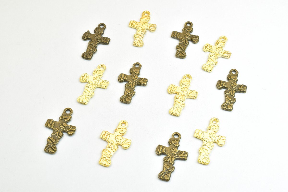12 PCs Cross Flower Charm Pendants Antique Green/Gold Beads Base Metal Alloy Pendant Size 23x19mm Jump Ring Size 2mm For J...