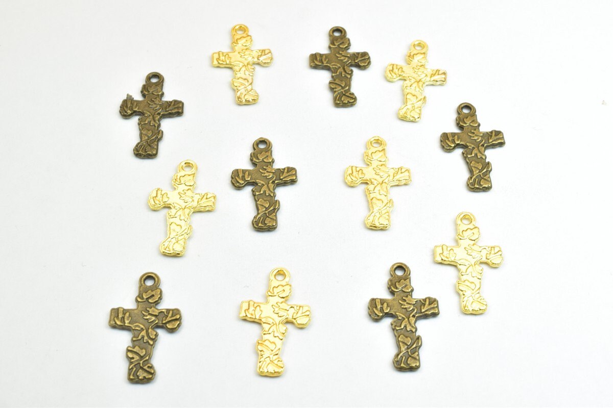 12 PCs Cross Flower Charm Pendants Antique Green/Gold Beads Base Metal Alloy Pendant Size 23x19mm Jump Ring Size 2mm For J...
