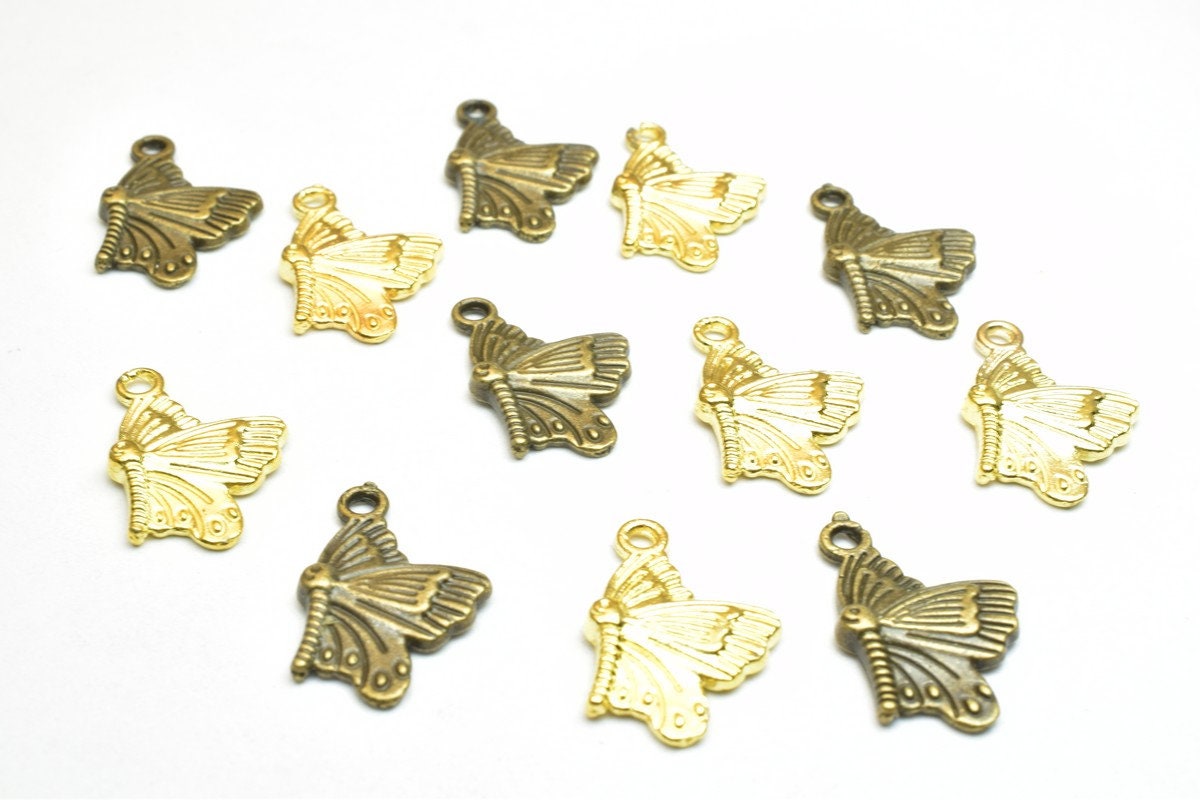12 PCs ButterFly Charm Pendants Antique Green/Gold Beads Base Metal Alloy Pendant Size 20x13mm Jump Ring Size 1.5mm For Je...