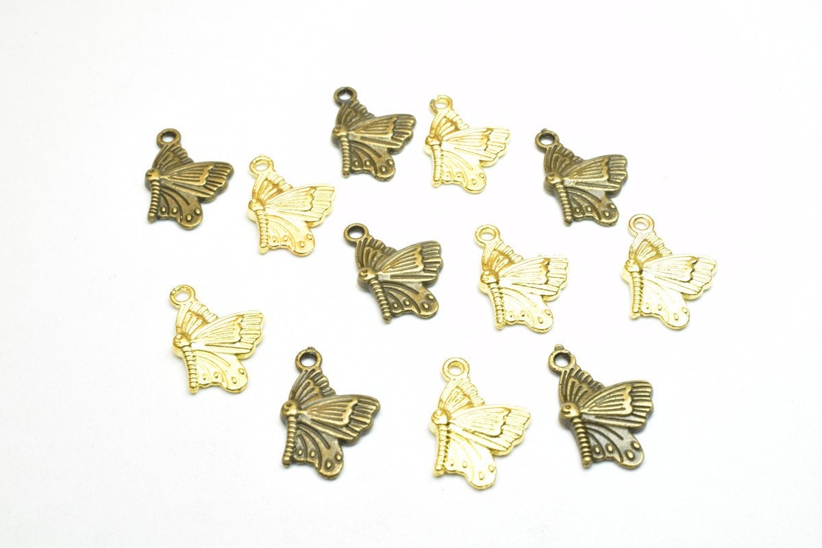 12 PCs ButterFly Charm Pendants Antique Green/Gold Beads Base Metal Alloy Pendant Size 20x13mm Jump Ring Size 1.5mm For Je...