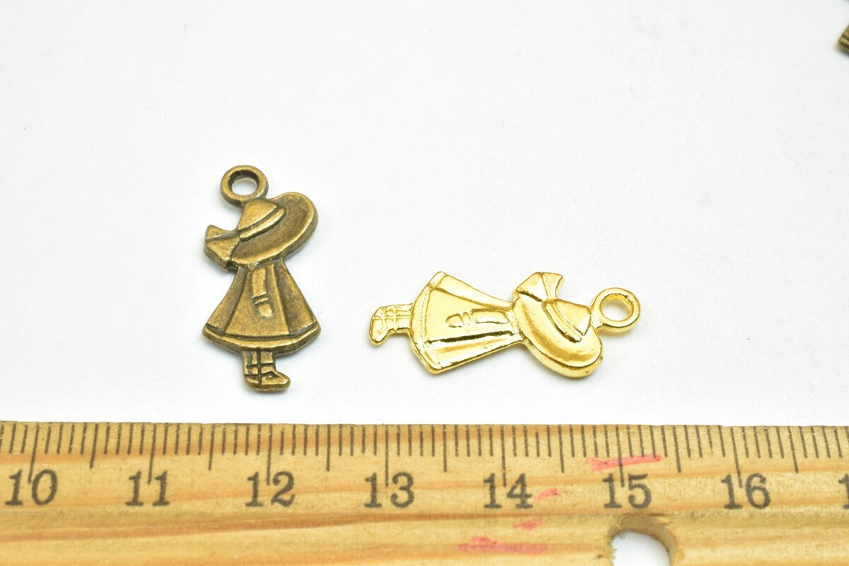 10 PCs Girl Charm Pendants Bronze/Gold/Silver Beads Base Metal Alloy Pendant Size 25x11mm Jump Ring Size 2.5mm For Jewelry...