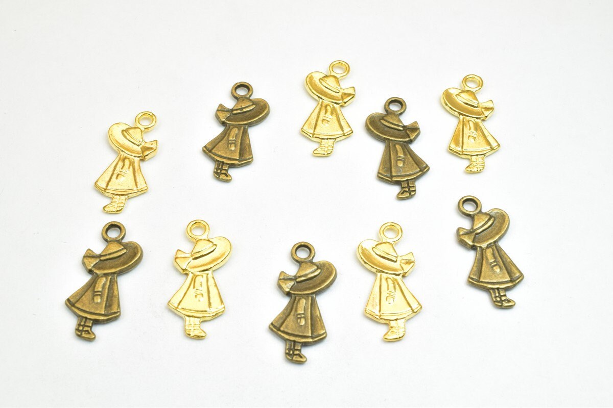 10 PCs Girl Charm Pendants Bronze/Gold/Silver Beads Base Metal Alloy Pendant Size 25x11mm Jump Ring Size 2.5mm For Jewelry...