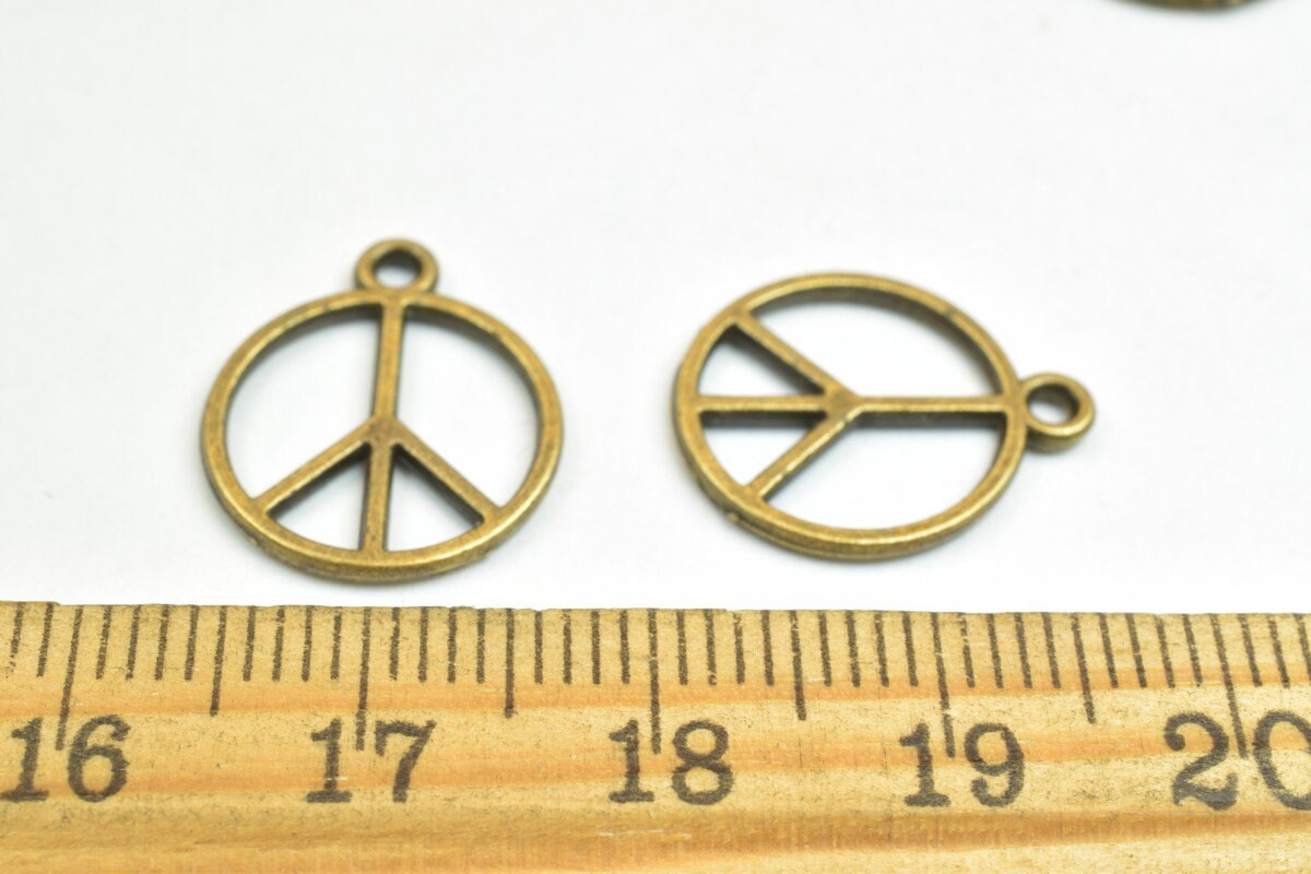 13 PCs Peace Sign Charm Pendant Bronze/Gold Charm Beads Alloy Metal Bracelet Pendant Size 16.5x14mm JumpRing Size 1.5mm Fo...