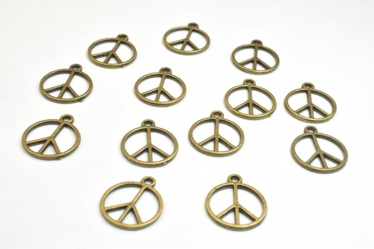 13 PCs Peace Sign Charm Pendant Bronze/Gold Charm Beads Alloy Metal Bracelet Pendant Size 16.5x14mm JumpRing Size 1.5mm Fo...