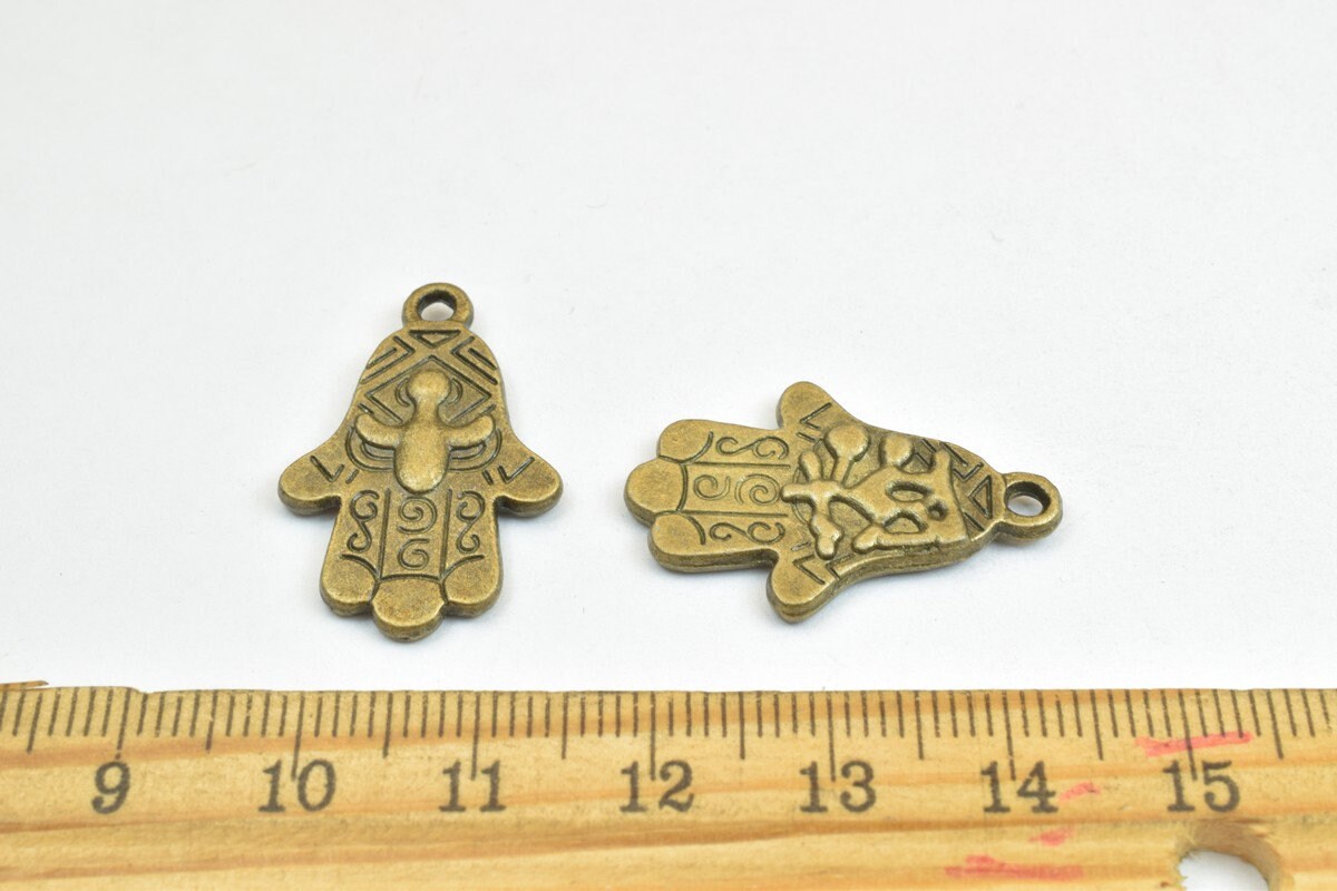 6 PCs Hamsa Hand Charm Beads Bronze/Silver Size 27x18mm Decorative Design Metal Beads  2mm JumpRing Opening for Jewelry Ma...