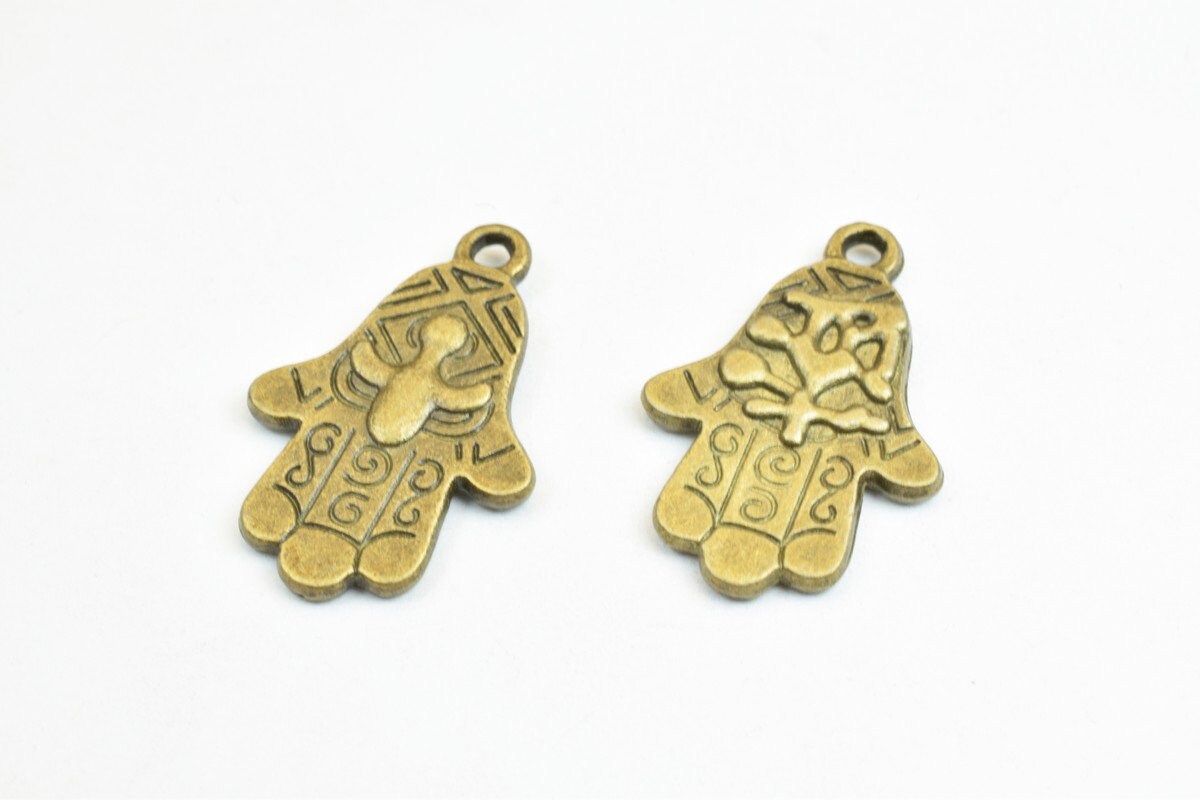 6 PCs Hamsa Hand Charm Beads Bronze/Silver Size 27x18mm Decorative Design Metal Beads  2mm JumpRing Opening for Jewelry Ma...